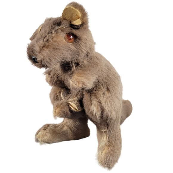 Vintage Real Fur Kangaroo Plush Toy with Joey, Brown 10" Stuffed Animal - Picture 3 of 16